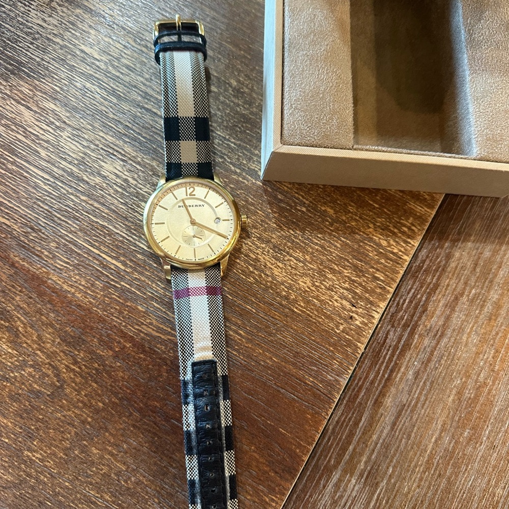 Burberry Gold Watch with Black and White Strap